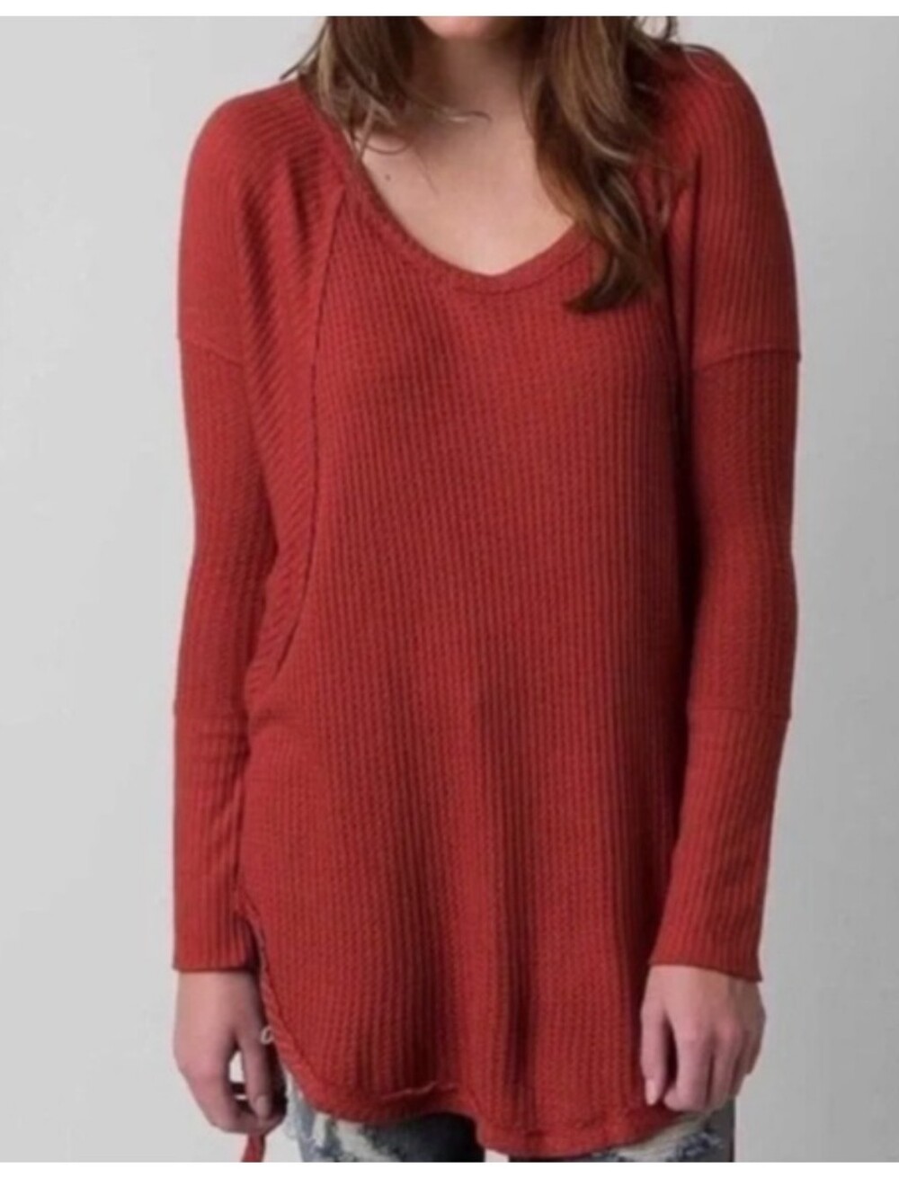 Free People High Low Ventura Orange Waffle Knit Long Sleeve Tunic